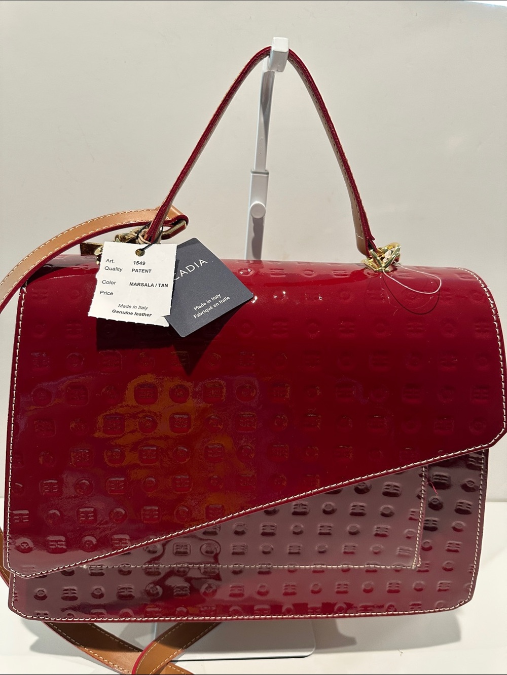 NWT Arcadia Masala/Tan Embossed Patent Leather Handbag with Crossbody Strap.
